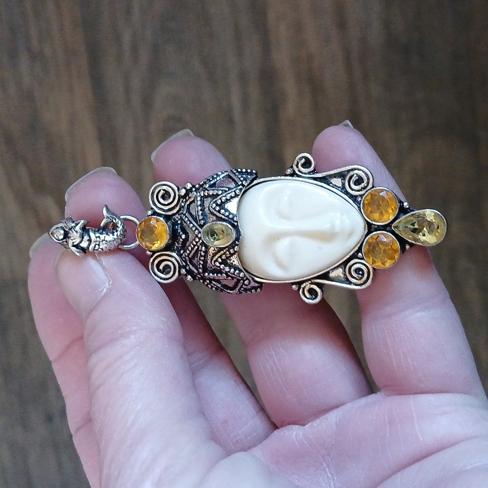 New Carved Goddess Face Citrine Silver Mermaid Bail Pendant.